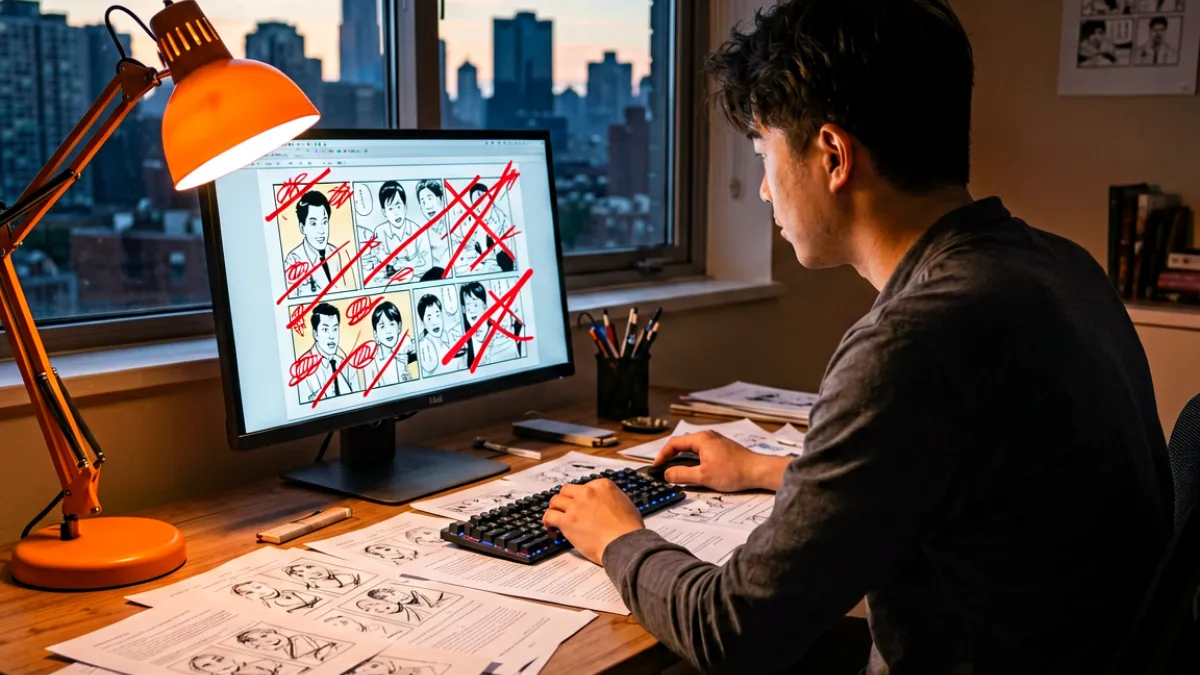 一位漫画作者坐在堆满草图的法律条文旁，面对电脑屏幕上被红色批注覆盖的作品页面，窗外是城市天际线剪影，暖橙色调的台灯光线洒在工作台上
