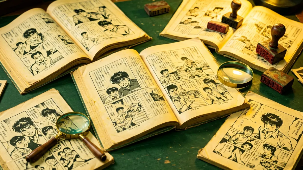 复古编辑室桌面上摊开着多本年代不同的漫画书，旁边放着放大镜和印章，墨绿色调的暖光洒在泛黄纸页上，呈现出浓厚的历史档案氛围