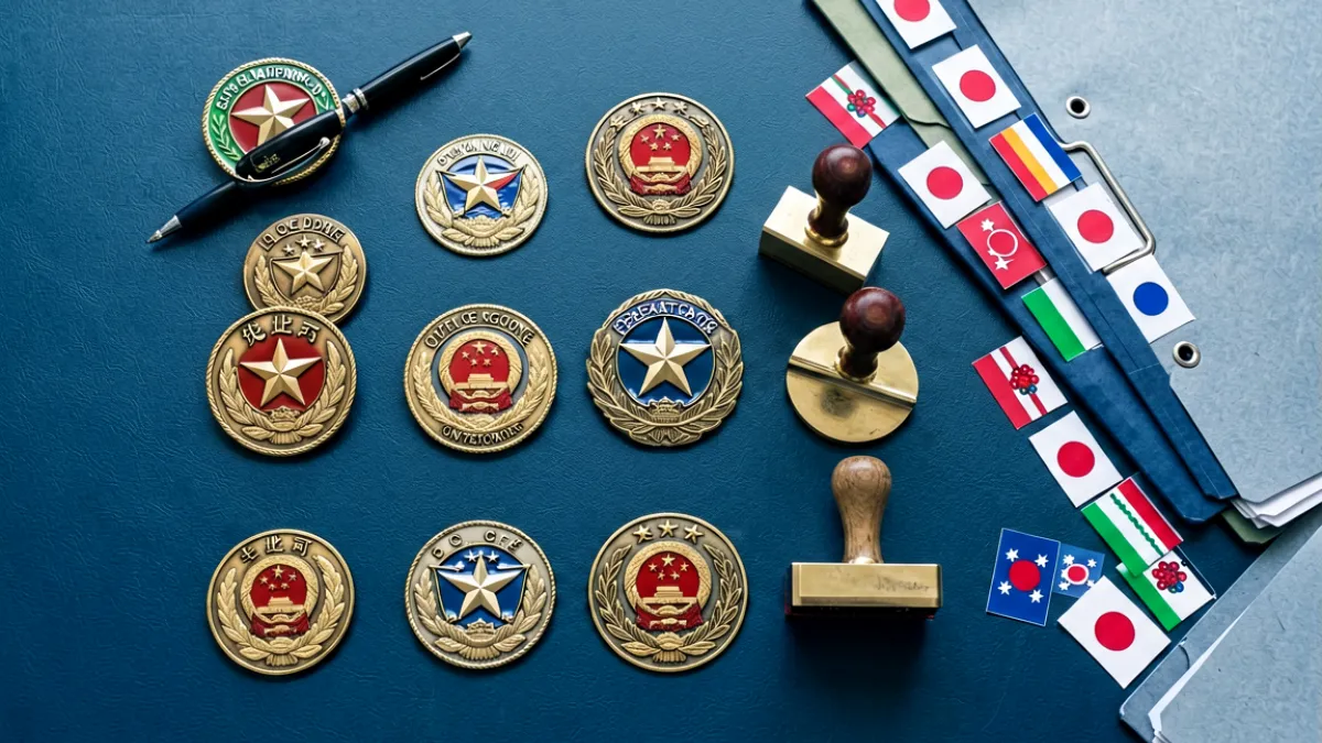 多国出版监管机构标志并列摆放于深蓝色办公桌面上，旁边散落着标有不同国家旗帜颜色的文件夹和审查印章