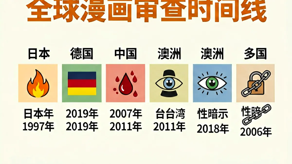 世界各国漫画审查制度对比图，展示不同国家因暴力、血腥、恐怖或性暗示内容禁漫的历史时间线