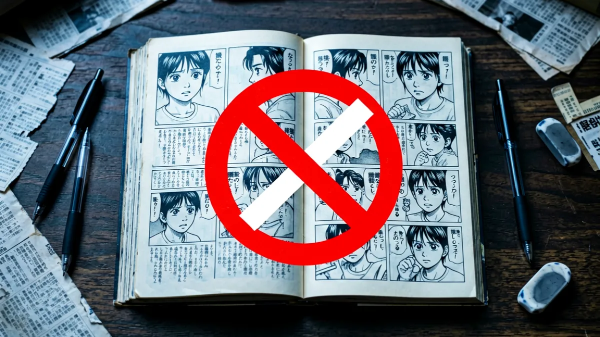 暗色桌面上摊开一本漫画书，封面被一枚鲜红的禁止印章覆盖，周围散落着几支笔和剪报碎片，氛围压抑而克制